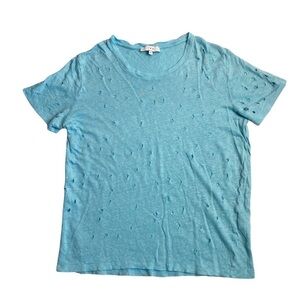 IRO Jean Short Sleeve Distressed Destroyed Scoop Neck Basic Tee Shirt Aqua linen